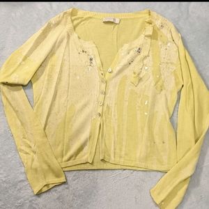 ESTEVE Hand-painted Neon Yellow Metallic Silver V-neck Cardigan Small